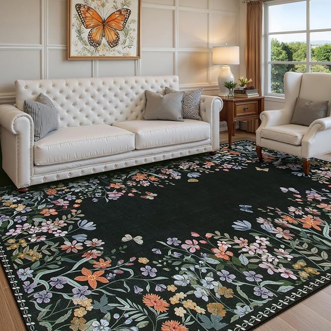 Wonnitar 5x7 Washable Area Rug, Black Floral Rug for Bedroom, Boho Flower Rug for Dining Room, Non Slip Low Pile Living Room Carpet, Botanical Farmhouse Indoor Decor (5x7 Black)