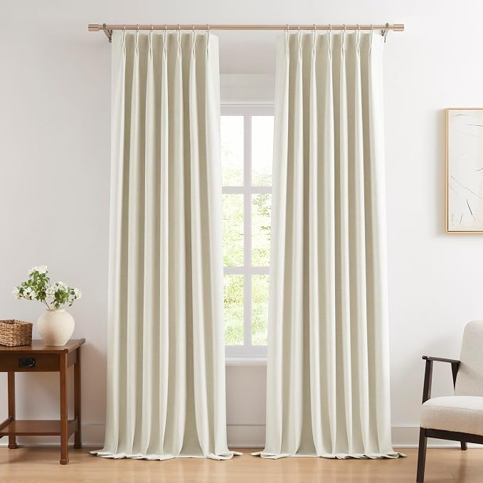 WEST LAKE 9 FT Beige Pinch Pleated 90% Blackout Curtain Panels for Bedroom | Triple Weave Textured Heavy Chenille Room Darkening Drapes 108 Inches Long,Modern Window Treatment,40"Wx108"Lx2