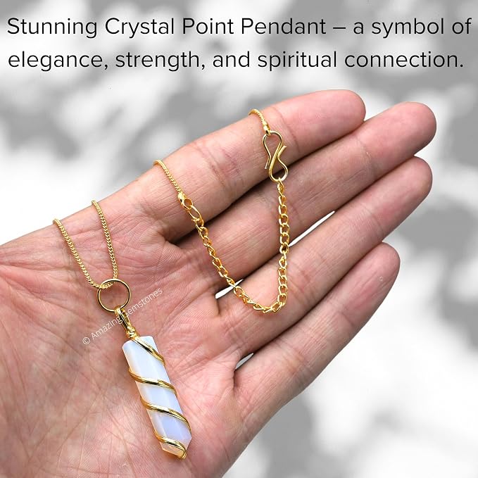 Amazing Gemstone Opalite Crystal Necklace Pendant For Women, Gold Wire Wrapped Dainty Minimalist Healing Crystal Necklaces For Men Unisex Necklace Jewelry Adjustable Chain & Leather Cord