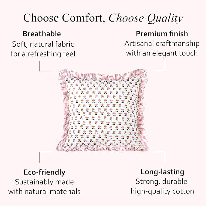 CPC Rosette Bloom Hand Block Print 100% Cotton Ruffle Throw Pillow Cover 18x18 inch with Hidden Zipper Decorative for Couch, Bed, Sofa, Farmhouse, Cottagecore Decor Gift Christmas Fall Thanksgiving