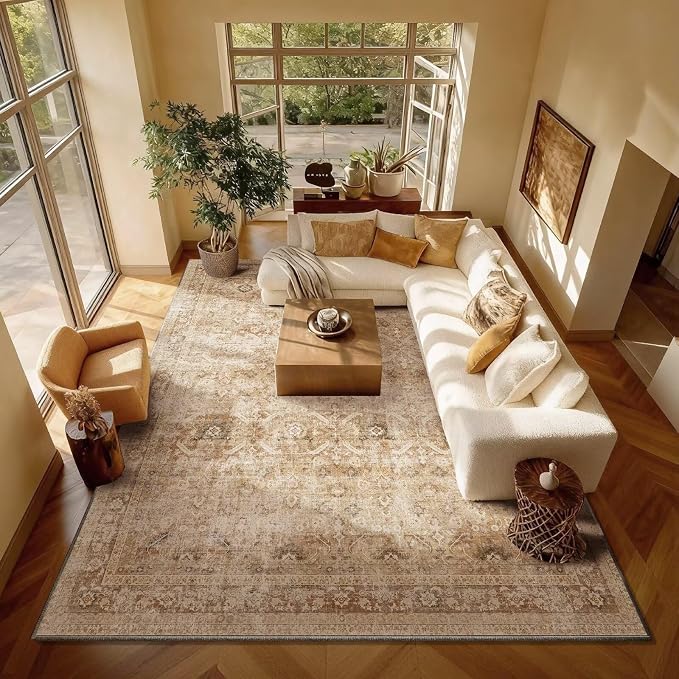 Boho Washable 8x10 Area Rugs for Living Room, Cushioned, Brown | Vintage Non-slip Neutral Oriental Rugs for Bedroom Dining Room Nursery Office High Traffic Area