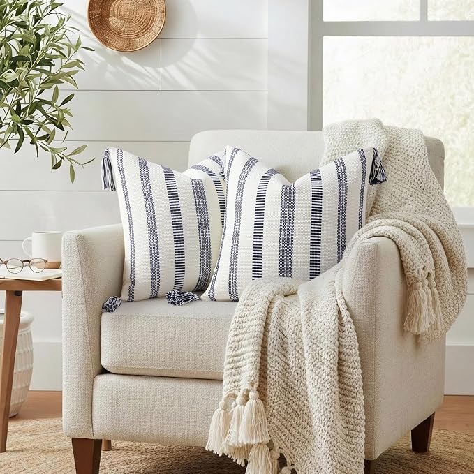 Smile Bee Boho Outdoor Couch Throw Pillow Covers Set of 2 Decorative Thick Woven Striped Accent Neutral Pillow Covers with Tassels for Bed Sofa Home Decor 20x20 Inch, Navy Blue and Cream White | Woven Cozy Boho Decorative Modern Farmhouse Accent Pillow...