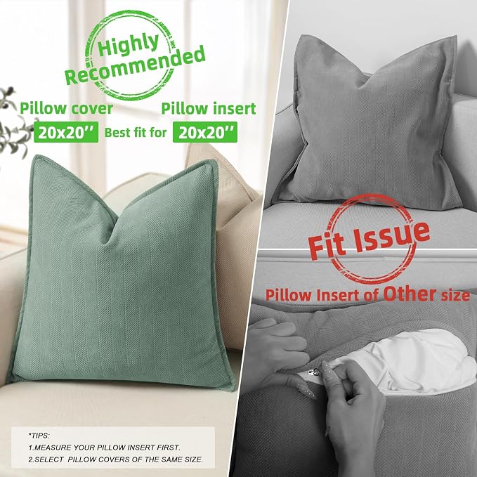 ZWJD Dusty Green Pillow Covers 20x20 Set of 2 Chenille Throw Pillow Covers with Elegant Design Soft and Luxurious Decorative Throw Pillows for Couch, Bed, and Home Decor
