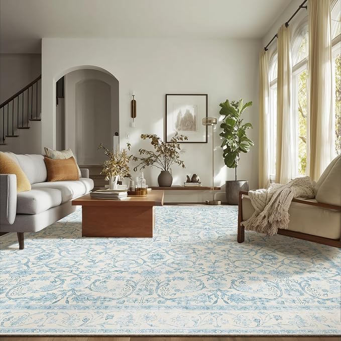 Washable Rugs for Living Room: 8x10 Area Rugs for Bedroom Ultra Soft Non-Slip Low Pile Vintage Boho Large Carpet for High-Traffic Dining Room - Farmhouse Decor