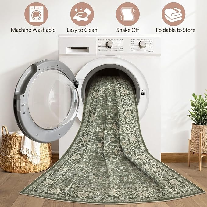 6x8 Area Rug Living Room: Washable Boho Large Neutral Vintage Soft Rugs Stain Resistant Farmhouse Non Slip Indoor Floor Carpet for Bedroom Nursery Kids Playroom Office Dining Room Home- Dark Green