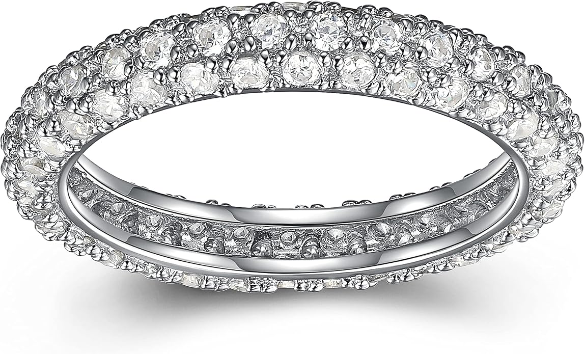 MORGAN & PAIGE .925 Sterling Silver Rhodium Plated Cubic Zirconia Pavé Eternity Ring for Women - Sterling Silver Rings Women, Cubic Zirconia Wedding Band for Her, Hypoallergenic Jewelry, Sizes 6-9