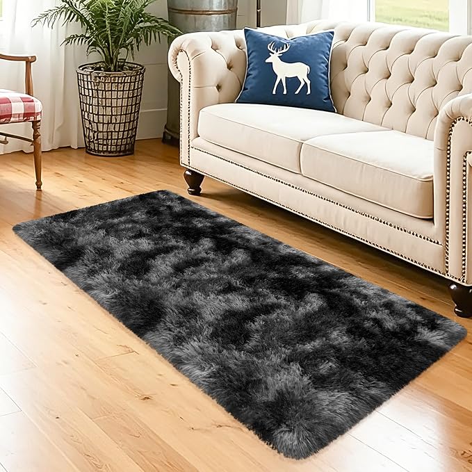 2x5 Feet Tie-Dye Black Grey Runner Rug for Bedroom Bedside, Soft Fluffy Shag Carpet Runner for Hallway, Machine Washable Rug for Living Room, Kids Room Boys, Dorm, Nursery, Home Decor
