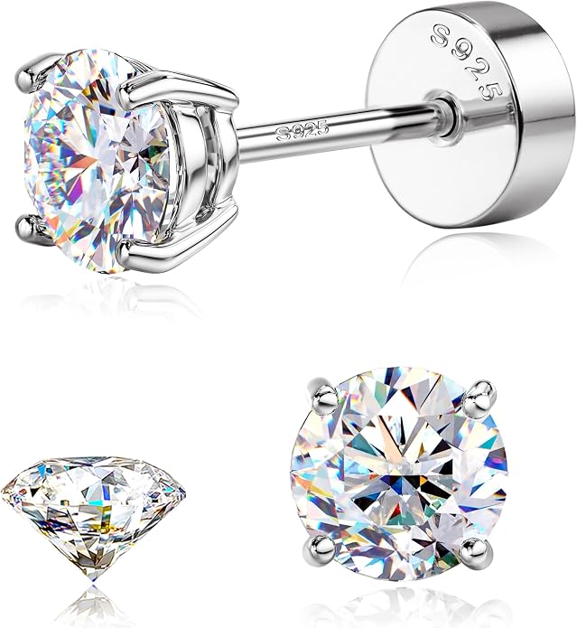 GEMQUEEN Moissanite Earrings Studs : 18K Gold Plated Solid 925 Sterling Silver Stud Earring for Women Men Hypoallergenic Dainty Moissanite Jewelry for Sensitive Ears Round Cut D Color VVS1 2-7.5mm