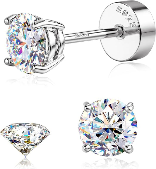 GEMQUEEN Moissanite Earrings Studs : 18K Gold Plated Solid 925 Sterling Silver Stud Earring for Women Men Hypoallergenic Dainty Moissanite Jewelry for Sensitive Ears Round Cut D Color VVS1 2-7.5mm