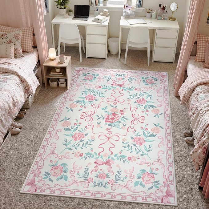 Collive Pink Floral Rugs for Bedroom Girls, 5x7 Bow Nursery Rug for Dorm Washable Area Rug for Living Room, Cute Ultra-Thin Non Slip Indoor Decor Carpet for Kids Room Playroom (Pink 5' x 7')