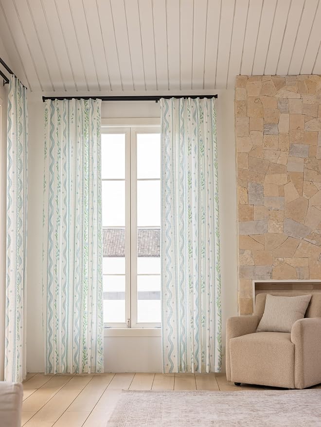 DrapePalette - Linen Blend Pinch Pleated Curtains 96 Inches Long for Living Room, Bedroom, Dining Room, Light Filtering Curtains 2 Panels Set, Modern Floral Printed Design, Blue Trellis, 30" W x 96" L