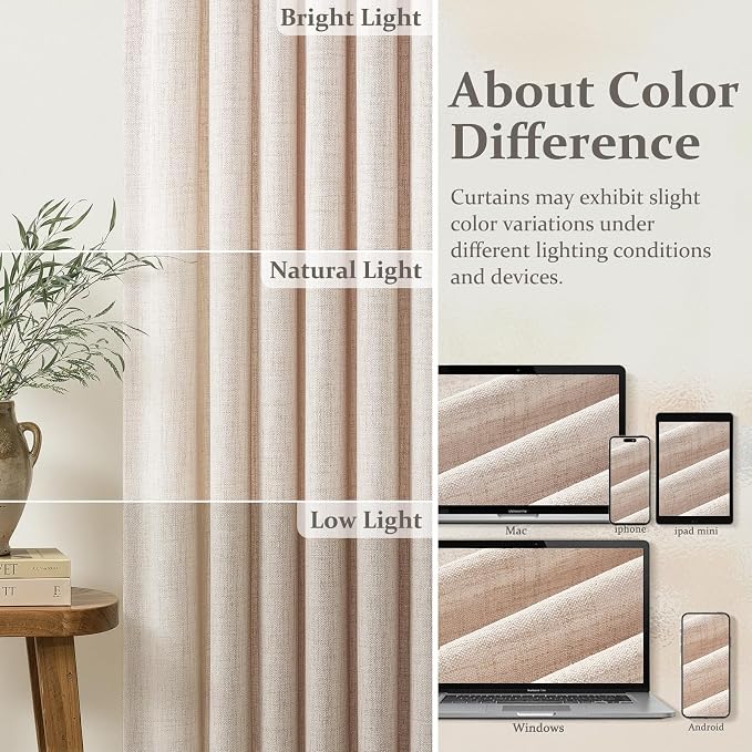 Extra Long 108 Inch Natural Linen Blend Living Room Large Curtains 4 Panels Set, Memory Shape Pinch Pleated Semi Sheer Light Filtering Privacy Luxury Curtain Sliding Door High Ceiling Windows Drapes