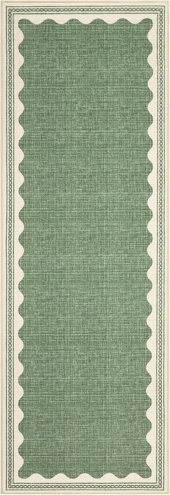 GarveeHome Scalloped Sage Green 2.5x10 Runner Rug for Hallway Washable Kitchen Rugs Non Slip Solid Modern Minimalism Soft Low-Pile Indoor Carpet for Entryway Laundry Room Floor Mats
