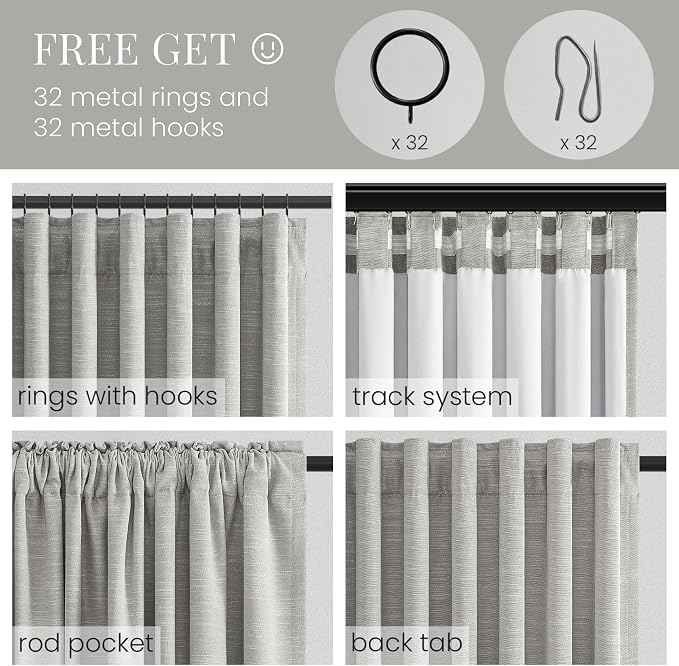 Topfinel Grey Beige Back Tab 95 Inch Blackout Curtains for Bedroom, Rustic Linen Blend Viral Blackout Window Drapes with White Liner Cottagecore Living Room Home Office Curtain 52" W*95" L