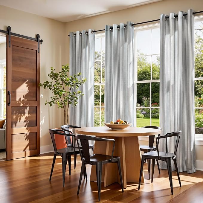 Vangao Linen Striped Curtains for Living Room Bedroom Farmhouse Tickingstripe Light Filtering Window Curtains Printed Drapes Grommet Top 2 Panels Blue W50 x L63 Inch