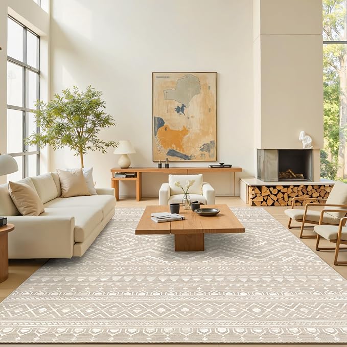 Miukiki 9x12 Area Rug for Living Room Moroccan Washable Rugs Non Slip Indoor Floor Carpet Foldable Large Soft Area Rug for Dining Room Bedroom with Low Pile(Brown,9'x12')
