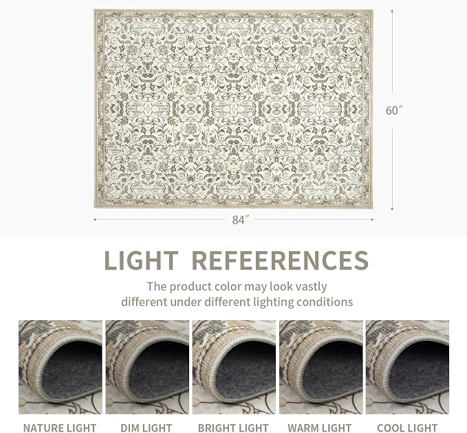 6×9 Washable Large Area Rugs for Living Room, Floral Soft Rug Non Slip Stain Resistant Carpet for Bedroom Dining Room Kitchen Farmhouse Home Decor，Beige Multi 061