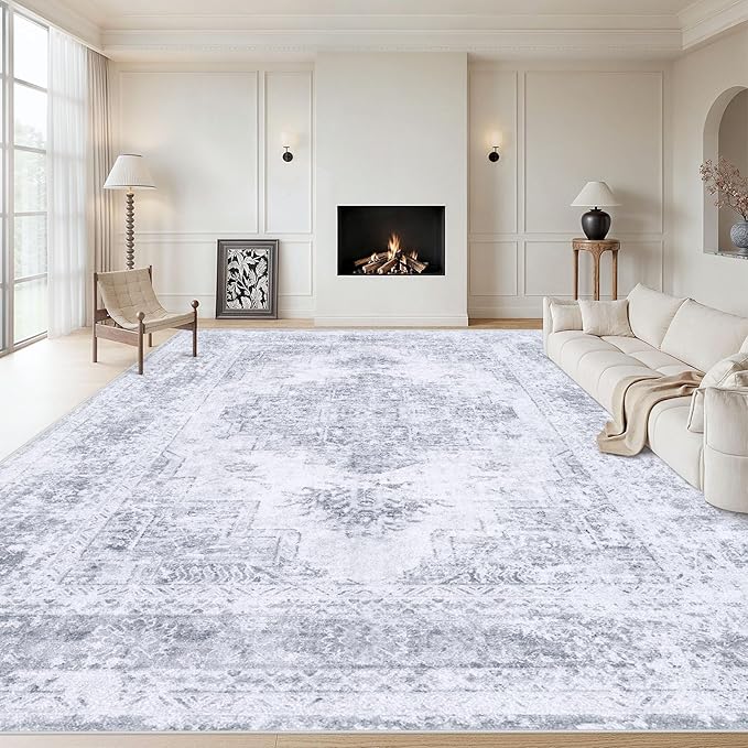XLUEZ Area Rug 10x12 Living Room Rugs, Machine Washable Vintage Distressed Medallion Rug Non-Slip Soft Low Pile Large Indoor Rugs for Bedroom Kitchen Dining Room Office(Light Grey,10'x12')