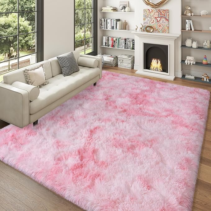 Dssimo Pink and White Rug for Living Room Bedroom,9x12 Soft Shaggy Area Rug | Upgrade Non-Slip Large Pink Fuzzy Rug for Girls Nursery Kids Room Dorm Room Home Decor, Indoor Plush Floor Carpet