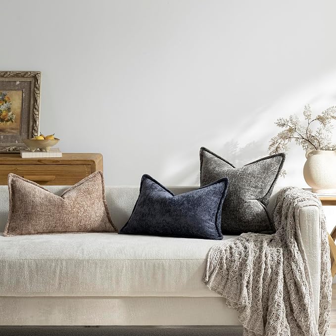 DEZENE Pack of 2 Navy Decorative Throw Pillow Covers 12x20 Cozy Soft Chenille Accent Vintage Rectangular Lumbar Couch Pillow Covers for Home Decor Bed Sofa Living Room
