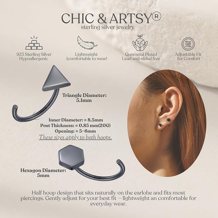 CHIC & ARTSY 925 Sterling Silver Half Hoop Earrings for Women, Small Huggie Hoops Set with Ball Bar Star Moon Cross & Pearl, Lightweight Comfort Fit Everyday & Sleep Earrings