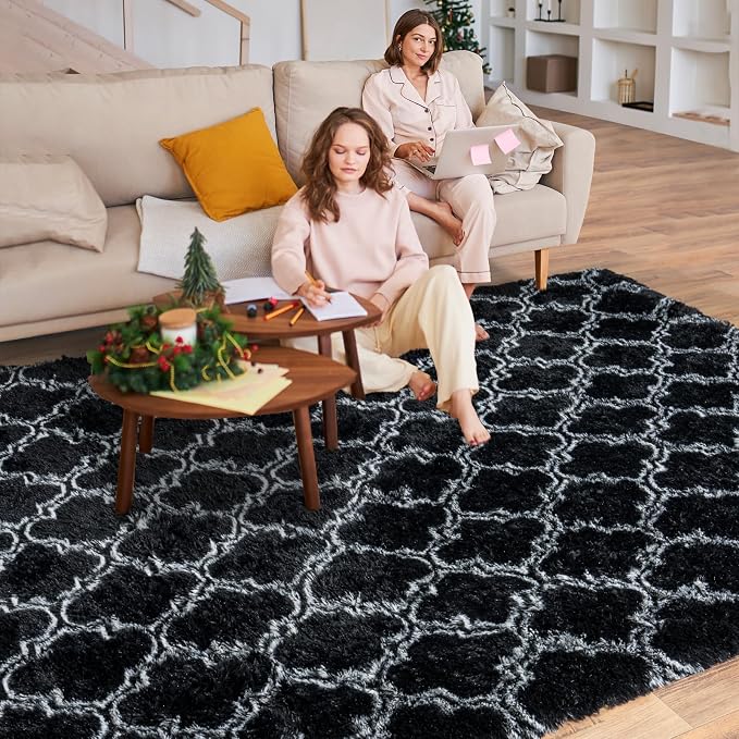 6x9 Area Rugs for Bedroom Living Room, Soft Modern Black and White Rugs | Soft Fluffy Plush Geometric Rug Upgrade Non-Slip Shaggy Fuzzy Carpet for Playroom Teen Dorm Home Office Decor