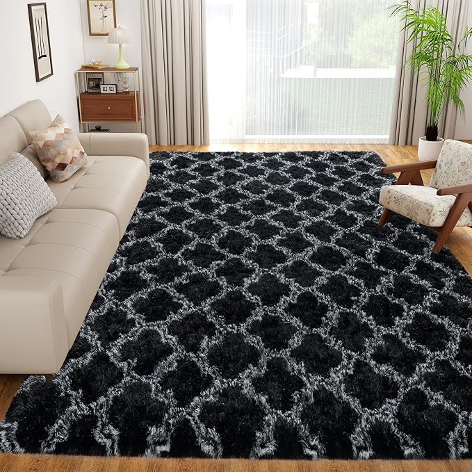 6x9 Area Rugs for Bedroom Living Room, Soft Modern Black and White Rugs | Soft Fluffy Plush Geometric Rug Upgrade Non-Slip Shaggy Fuzzy Carpet for Playroom Teen Dorm Home Office Decor