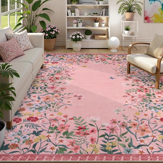 Wonnitar 9x12 Washable Area Rug, Pink Floral Rug for Living Room, Boho Large Non Slip Bedroom Carpet, Cute Botanical Nursery Rug, Soft Low Pile Kids Playroom Decor (9x12 Pink)