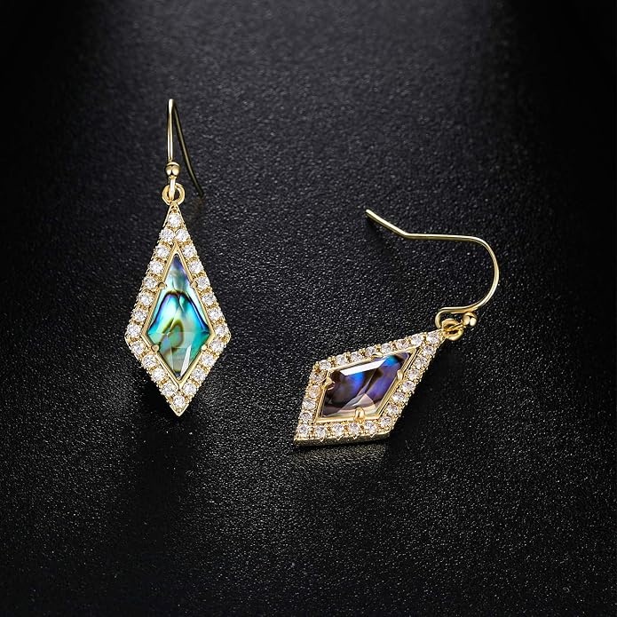Natural Abalone Dangle Earrings with Halo CZ Leverback Earrings for Women Hypoallergenic Fashion Jewelry