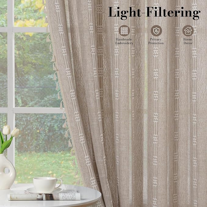 ColorBird Boho Curtains Linen-Textured for Living Room Bedroom Natural Brown 63 Inch Length Farmhouse Light Filtering Neutral Embroidered Striped Linen Drapes 2 Panels Window Treatment