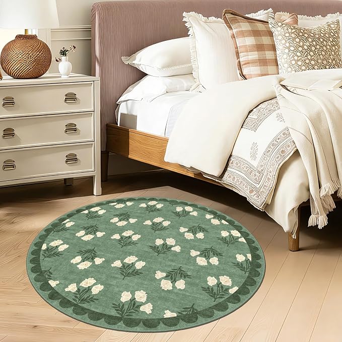 Sage Green 3ft Entryway Round Rug - 3x3 Small Washable Boho Floral Scalloped Round Bathroom Rug Non Slip Front Door Mat Indoor Stain Resistant Circle Area Rugs for Bedroom Entryway Kitchen