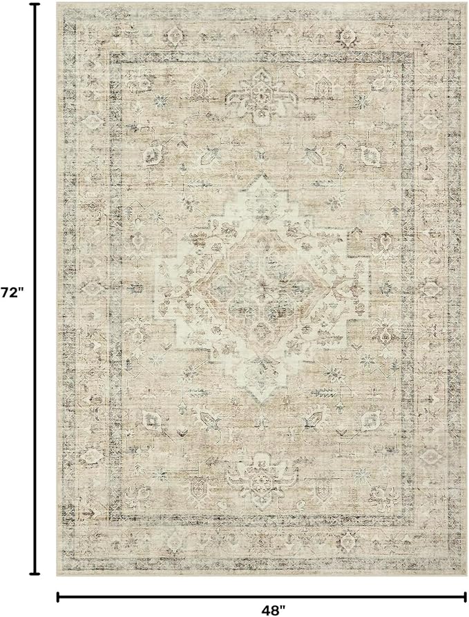 LIVEBOX Bedroom 4x6 Washable Area Rug for Entryway Kitchen, Non-Slip Soft Boho Rugs for Dining Room Office, Farmhouse Low-Pile Neutral Soft Carpet for Nursery Room Playroom, Tan
