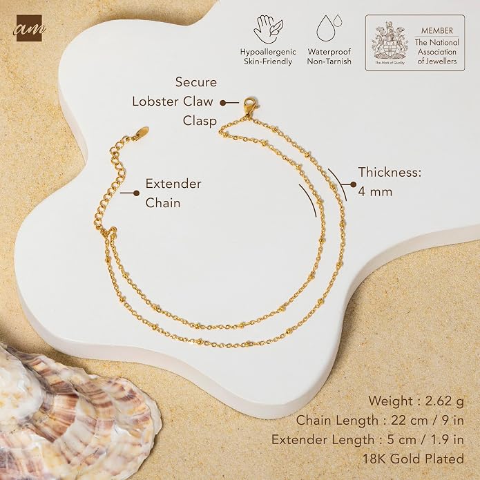 Amberta Silver Gold Waterproof Ankle Bracelets for Women | Boho Layered Anklets for Women | Summer Jewelry, Adjustable Ankle Chain Beaded Rope Heart