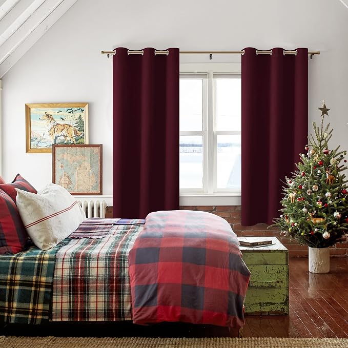 Hiasan Blackout Curtains for Bedroom, 42 x 63 Inches Length - Thermal Insulated & Light Blocking Window Curtains for Living Room Christmas Decor, 2 Drape Panels Sewn with Tiebacks, Burgundy