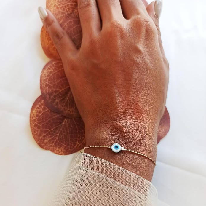 Minimalist Evil Eye Charm Bracelet – Handmade Delicate Good Luck Jewelry for Women – Adjustable 6.5” + 1” Extender
