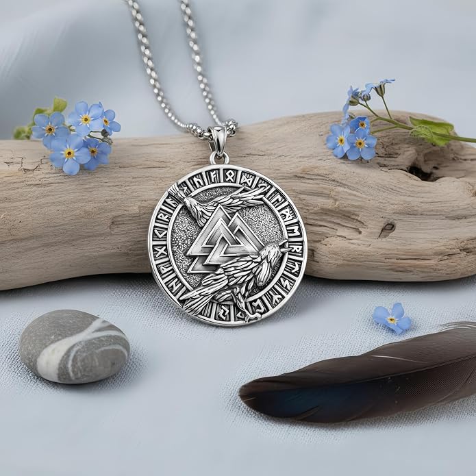 CRMAD Viking Owl/Raven Necklace Vintage Animal Totem Pendant Rune of Lune Jewelry Gift for Men and Women 24 in Chain