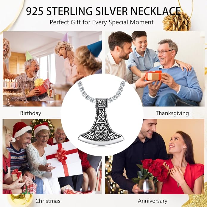 Viking Necklace for Men 925 Sterling Silver Viking Wolf/Thors Hammer/Vegvisir/Tree of Life/Compass Pendant Norse Necklace Amulet Talisman Christmas Gifts for Him Her