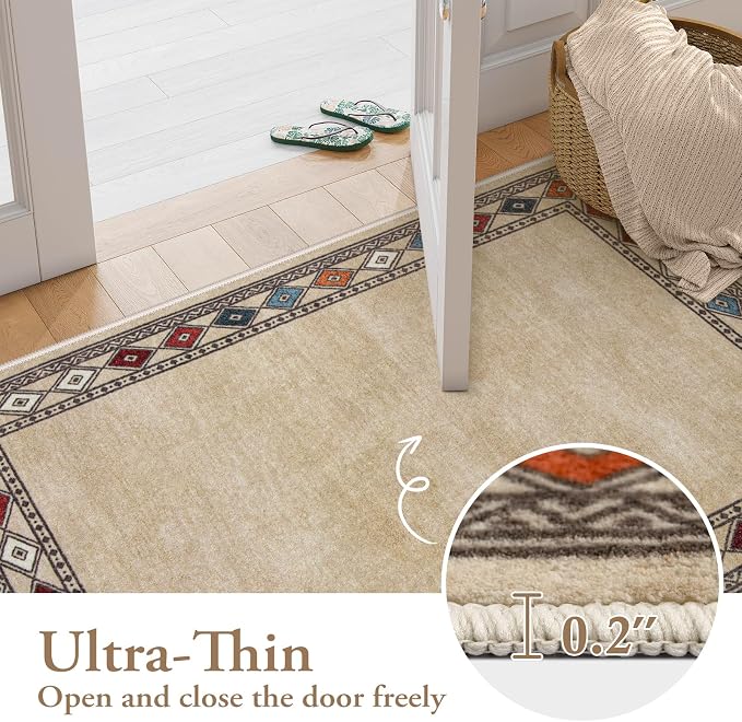 Lahome Modern Bordered Hallway Runner, 2.5x8 Rug Non-Slip Washable Kitchen Runner Rugs Non Skid Washable Ultra-Thin Soft Carpet for Hallways Bathroom Laundry Bedroom (2.5'x 8',Beige)