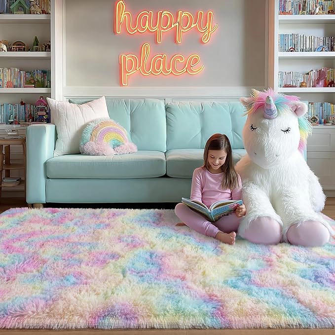 qulint 4x6 Area Rug for Bedroom, Fluffy Colorful Girl Rug for Kids Room | Small Fuzzy Plush Nursery Rugs, Shaggy Modern Rainbow Carpets for Living Room Dorm Classroom Home Decor