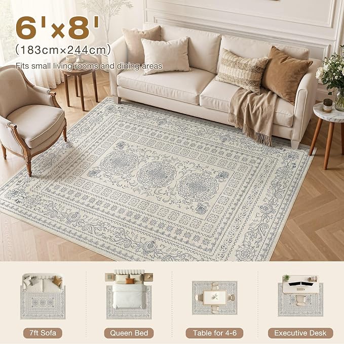 Nakagishi 6x8 Area Rugs Living Room: Washable Large Vintage Rug Neutral Non-Slip Soft Stain Resistant Indoor Carpet for Bedroom Nursery Dining Room Office Playroom - Blue/Beige