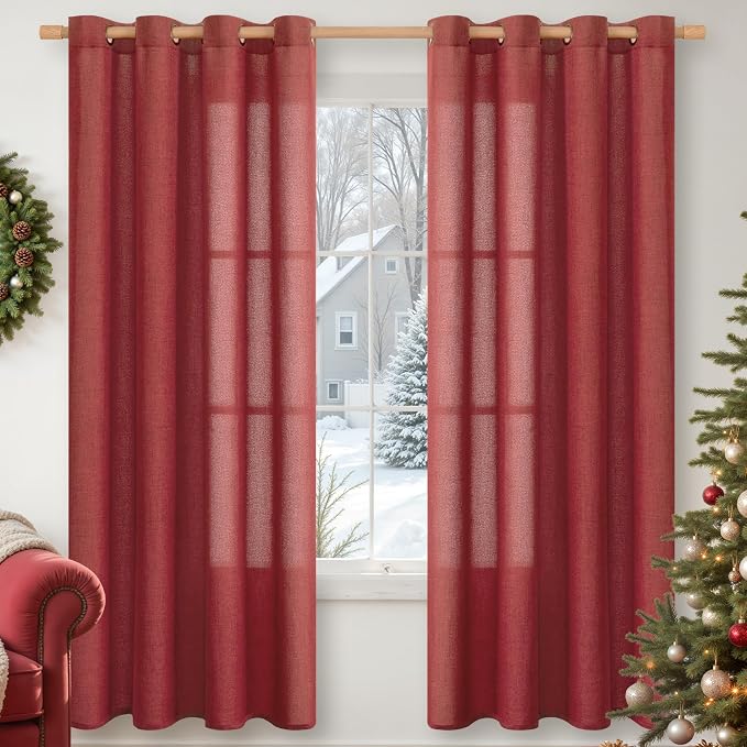 YoungsTex Burgundy Red Linen Curtains 72 Inch Length for Living Room, Light Filtering Window Drapes with Bronze Grommet Privacy for Dining Bedroom, 52 x 72 Inch, 2 Panels
