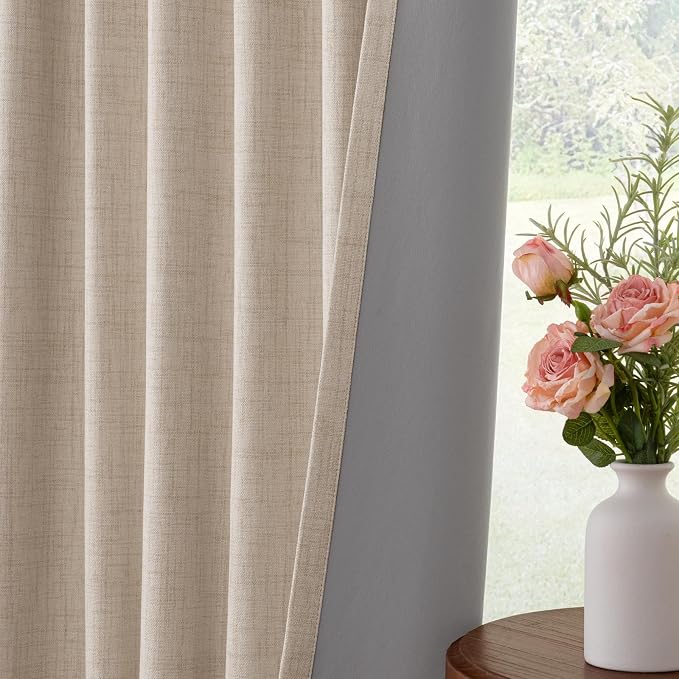 INOVADAY 100% Blackout Curtains for Bedroom, Oatmeal Black Out Curtains 84 Inch Long, Clip Rings Linen Blackout Drapes, Thermal Insulated Room Darkening for Living Room, 1 Panel - W102xL84