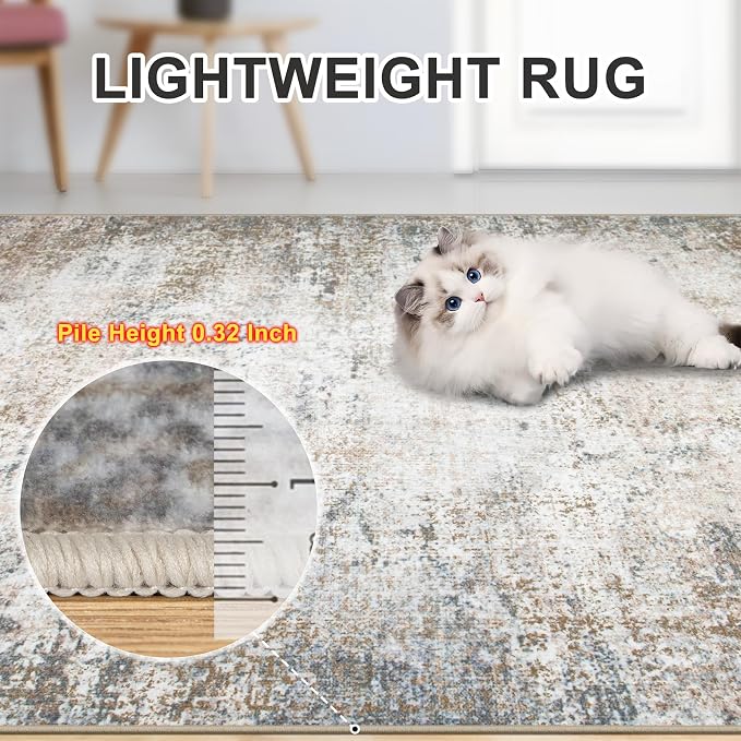 Area Rugs 10x12 Living Room - Washable Rug Modern Abstract Soft Large Neutral Non-Slip Carpet Indoor Floor Stain Resistant Thin Carpets for Bedroom Dining Room Farmhouse Nursery Home Office Brown Grey