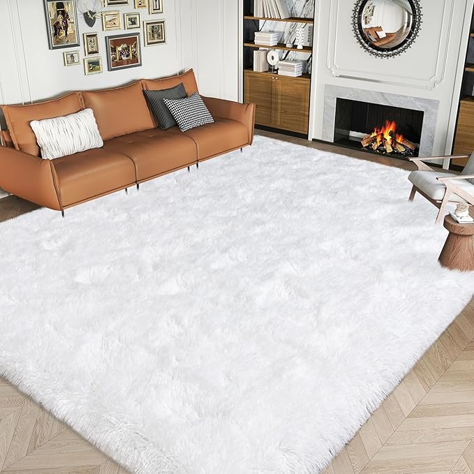 Dssimo White Fluffy Rugs for Living Room Bedroom, 8x10 Shaggy Area Rug ﻿ | Large Non-Slip Cream Area Rug for Nursery Kids Room Dorm Room Home Decor, Indoor Plush Floor Carpet