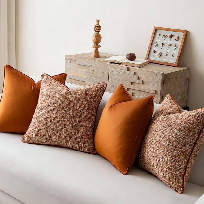 a moment Orange 4 Pack Throw Pillow Covers - Chenille & Velvet Set with Piping, Farmhouse Textured Design Pillow Cases for Couch Sofa Bed Livingroom (22x22 Inch, No Insert)