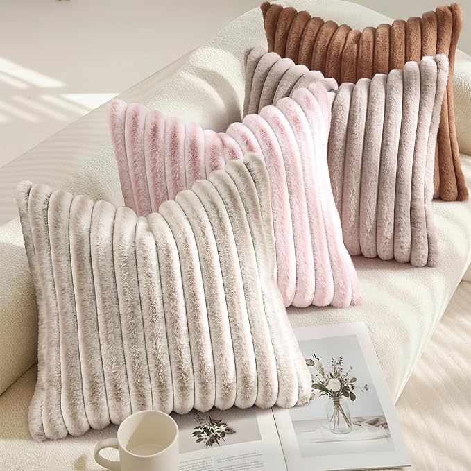 decorUhome Fall Faux Fur Throw Pillow Covers 18x18 Set of 2 Pink White | Decorative Soft Cozy Striped Plush Modern Farmhouse Boho Couch Pillow Cases Velvet Back for Sofa Bed Living Room Home Decor