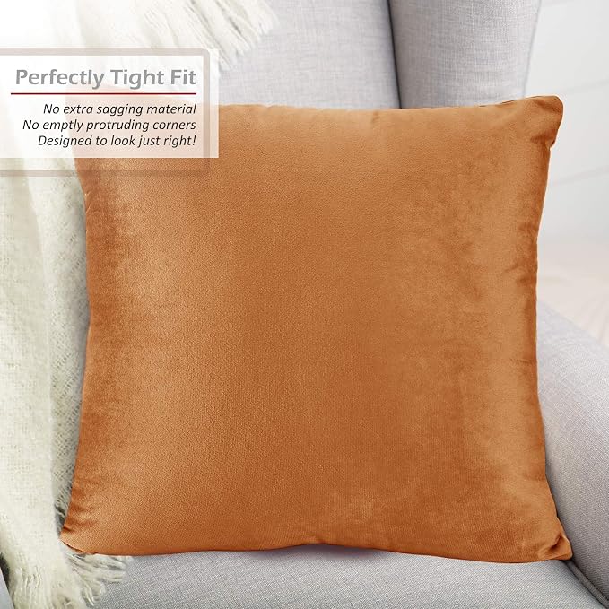 Nestl Throw Pillow Covers, Cozy Velvet Decorative Outdoor Pillow Covers 16 x 16 Inches, Soft Solid Cushion Covers for Sofa, Bed and Car, Set of 2 - Rust Orange Brown