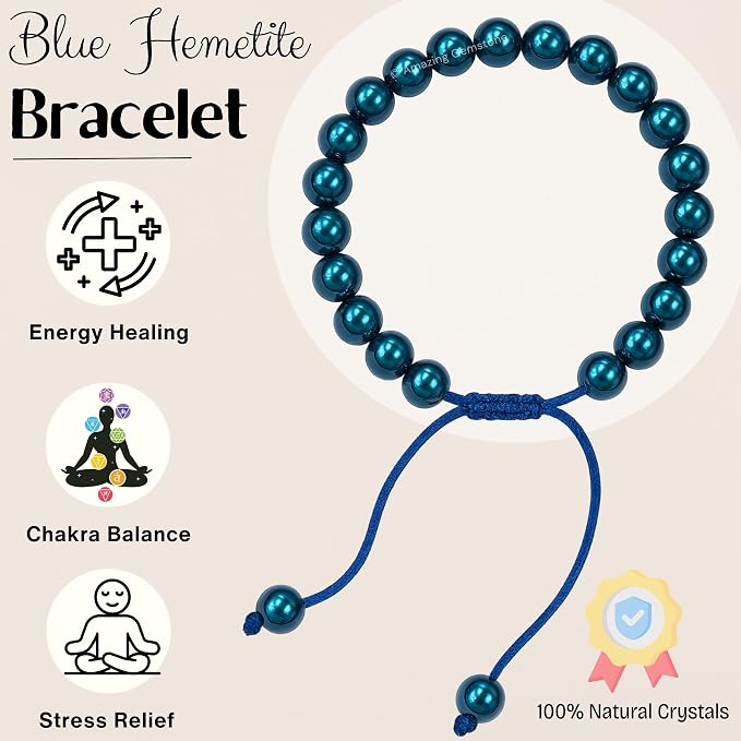 Amazing Gemstone Blue Hematite Bracelet for Women Men's Gifts - Protection Healing Crystal Bracelet - 8mm Gemstone Beaded Adjustable Bracelet Pulseras para Hombres Mujer Stocking Stuffers