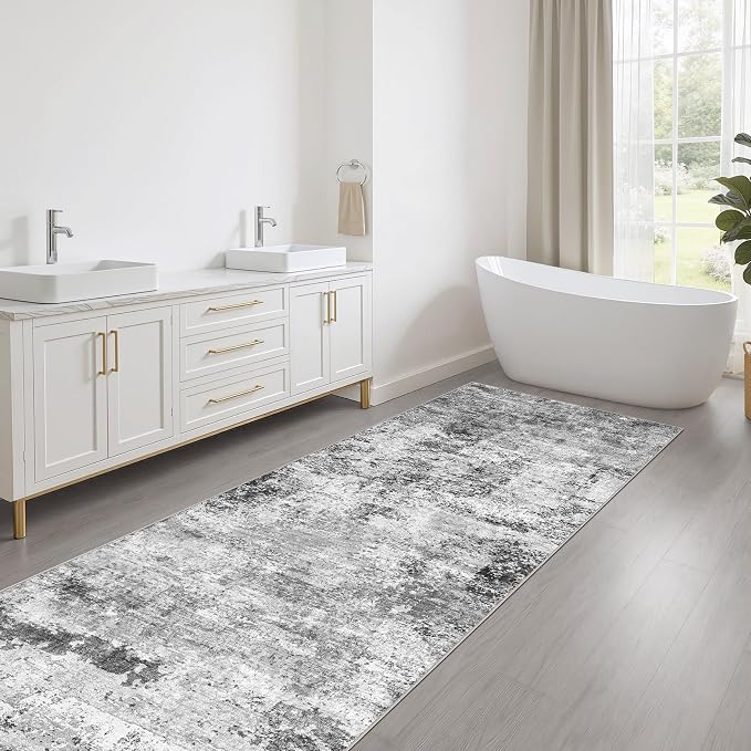 Runner Rug Non-Slip Kitchen Rug: 2x6 Washable Abstract Modern Soft Stain Resistant Indoor Floor Neutral Accent Throw Carpet for Hallway Bathroom Laundry Room Bedroom Entryway- Black Gray