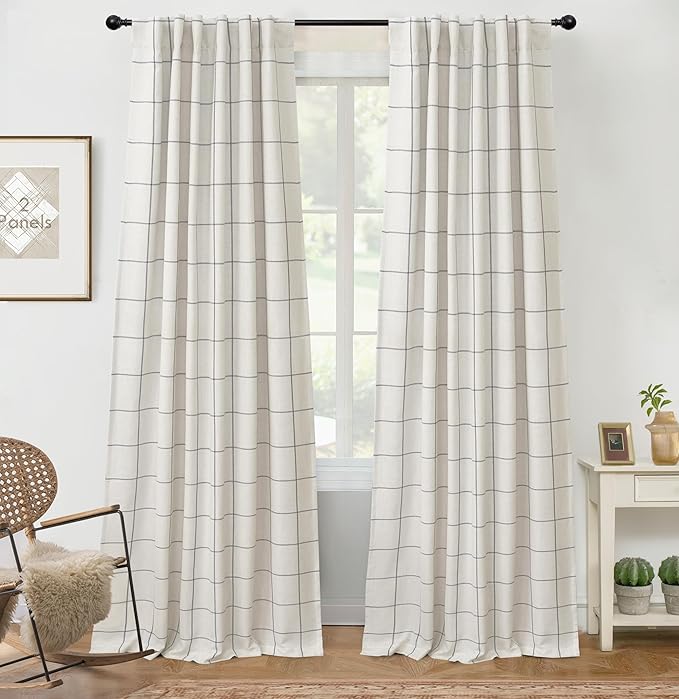 DriftAway 100% Blackout Plaid Linen Curtains 90 Inches Long 2 Panels Gray | 100% Blackout, Linen Texture, Plaid Pattern, Two Layers, Rod Pocket & Back Tab, Bedroom Living Room Use, Luxury Appearance